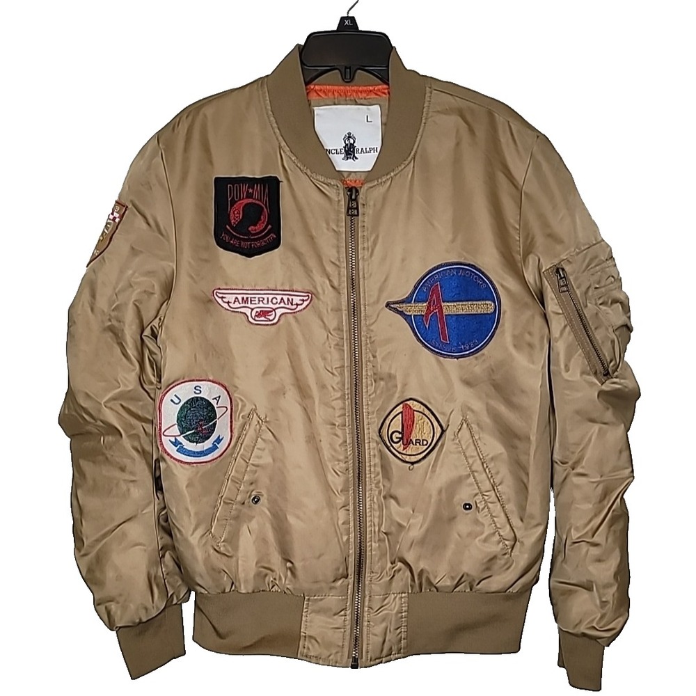 Uncle Ralph Mens Large Bomber Jacket w/ Embroidered Patches POW USA American‎